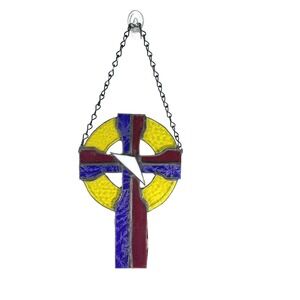 VTG Stained Glass Celtic Cross Suncatcher Red Blue Yellow Religious Glass Art